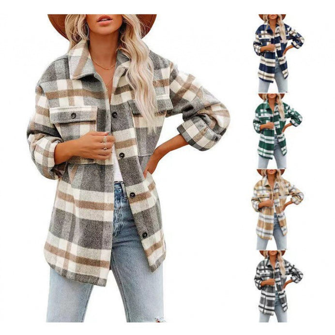 Women's Fashionable Woolen Plaid Shirt Jacket