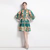 New Vintage Print Lapel Fashion Lantern Sleeve High Waist A- Line Skirt