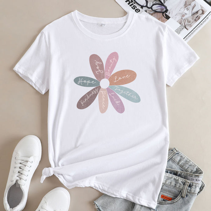 Flower Letter Fashion Round Neck Short Sleeve