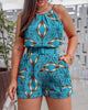 Sleeveless Printed Top Printed Shorts Suit Including Belt