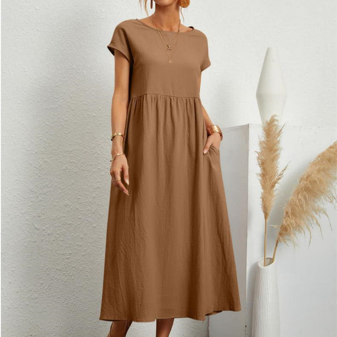 Solid Color Sleeveless Loose Pockets Cotton And Linen Dress