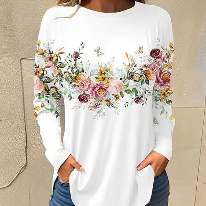 Women's Color Flower Digital Printing Long-sleeved T-shirt