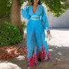 Women's Fashionable Elegant Chiffon V-neck Pleated Top Printed Wide-leg Pants Suit