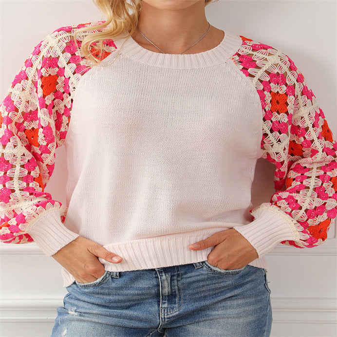 Crochet Pullover Round Neck Long Sleeves Top