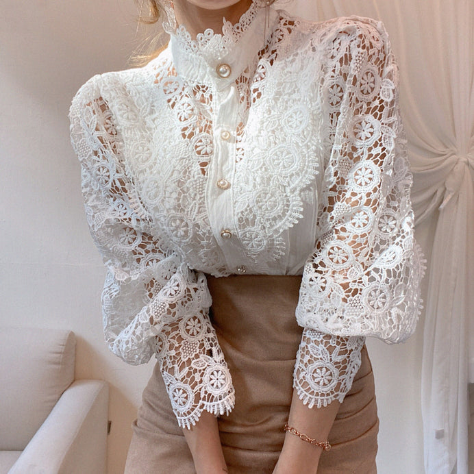 Lace Shirt Pearl Button Top