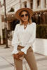 Pure Color Simple Cuffs Embellished V-Neck Women Shirt