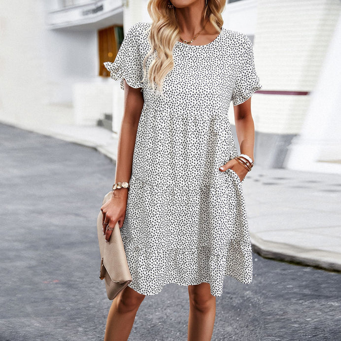 Casual Printing Round Neck Pleated Dress